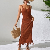 Slim fitting fringe beach skirt sleeveless knitted V-neck dress HL10146