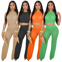 Women's casual hollowed out knitted pants sleeveless set TS1295