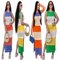 Women's fishing net contrasting color sleeveless slit beach dress A3343