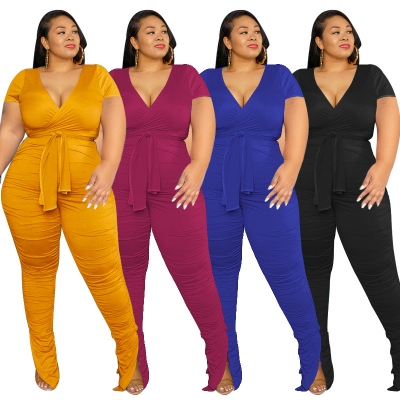 Solid Color V-Neck Belted Fashion Sexy Tight Plus Size Women's Casual Suit OSS22343