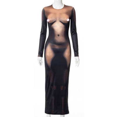 Round Neck Long Sleeve Sexy Body Print Long Dress Y22DS246