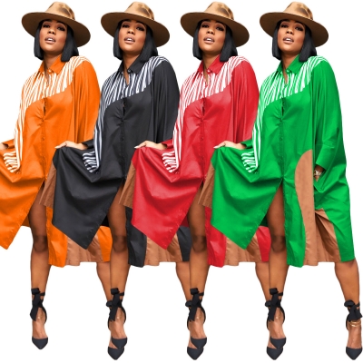 Plus Size Colorblock Loose Doll Sleeve Shirt Lazy Dress Y1849