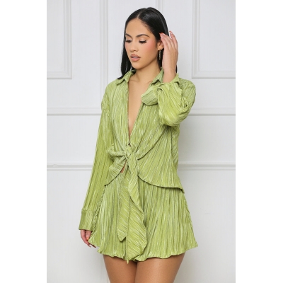 Casual strap long sleeve top fashionable pleated shorts two-piece set YLY9799