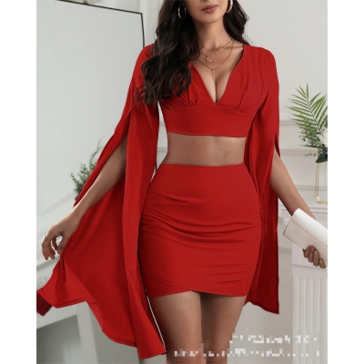 Fashion solid V-neck slit long sleeve skirt suit hip zipper sexy skirt two-piece set X2202