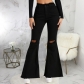 Fashion all-match wide-leg denim flared pants with holes in the knee HSF2613