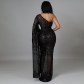 Fashion nightclub party dress see-through sequin one-shoulder long skirt without panties CY9571