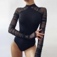 New women's round neck fashion mesh stitching long-sleeved slim solid color jumpsuit K21K07793