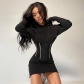 Explosive new hooded lantern long-sleeved sweater bright strip stitching dress D1A6821G