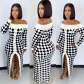 New Houndstooth Contrast Color One-Line Neck Tube Top Knit Sweater Dress LT6024