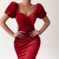 Solid Color Corset Showing Breast Sexy Low Neck Puff Sleeve Velvet Hip Dress HY21547PF