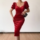 Solid Color Corset Showing Breast Sexy Low Neck Puff Sleeve Velvet Hip Dress HY21547PF