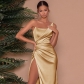One-shoulder fishbone slit high-waisted long sexy dress SY21577DG