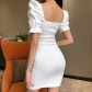 New Solid Color Slim Fit Sexy Dress French Breast Cup Puff Sleeve Skirt 23195P