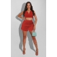 Women's fashion casual solid color small U neckline fringed shorts two-piece set BY09686