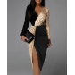 Two-color black and gold ethnic style high-waisted solid-color temperament commuter mid-length skirt long-sleeved waist dress SH165