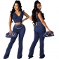 Women's High Stretch Denim V-Neck Petal Sleeve Flared Trousers Suit A859