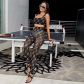 Sexy mesh sheer print stretch vest trousers casual sports suit A89002