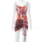 Smocked Lace Up Print Dress Women's C21DS478