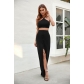 Knitted top and long skirt with slits and buttons sexy two-piece set HH6879