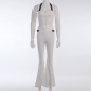 Hanging neck zipper exposed navel wrap chest solid color casual trousers small sexy hollow two-piece suit CC22