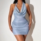 women's solid color halter neck open back slide filament pocket collar dress SY21649DG