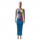 Women's Multicolor Panel One Piece Swimsuit Beach Skirt Set NK274