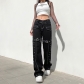 Personality Street Hot Girl Chain Design Jeans Straight Pocket Trousers HP22875