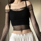 Sexy hollow mesh one-shoulder top hipster tight-fitting long-sleeved blouse HT23974