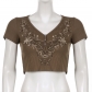 Distressed Retro Butterfly Print T-Shirt Short Tight V-Neck Top Bottoming Shirt Women HT22773