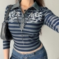 Net red hipster striped print mid-sleeve top Slim short V-neck T-shirt HT22894