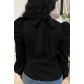 Solid Color Long Stand Collar Puff Sleeve Tie Back Top BN231
