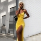 Solid Color Sling Sleeveless Low Cut High Waist Pleated Long Dress YB9119