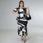 Round Neck Short Sleeve Ruffle Dress Print Plus Size Dress N7459