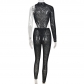 Sexy personality mesh flocking perspective one-shoulder long-sleeved suit 8593DB