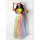 Nightclub Clothes Printed Breast Wrapped Colorful Mesh Skirt Two-piece Suit GL6572