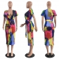 Fashion Women's Cotton Irregular Tie-Dye Deep V Short Sleeve Midi Dress Sexy Pack Hip Dress H1871