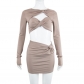 Women's Hollow Long Sleeve Three Twist Knot Design Hip Short Skirt Suit BR21Y1220