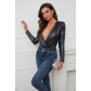 Sexy laser bronzing long-sleeved deep V-neck jumpsuit double layered fashion jumpsuit with hidden buttons HH123