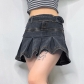 Low Waist Hot Girl Metal Buckle Belt Short Solid Denim Pleated Skirt NW23688