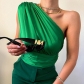 Fashion Solid Sexy Gathered One Shoulder Satin Top YJ22065PF