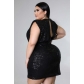 Fat Woman Plus Size Women's Black Sequin Deep V Sleeveless Hip Dress QJ5301