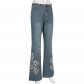 Street Trend Hot Girl Hollow Embroidered Flower Raw Edge Jeans Low Waist Slim Slim Pants P23202