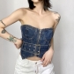 Celebrities with the same street hot girl sexy one-shoulder heavy industry corset denim vest new irregular chest top T20131