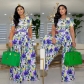 Casual lace-up printed puff sleeve suit wide leg pants two-piece set BT19307