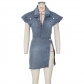 Ladies Suit Casual Street Style Sleeveless High Slit Denim Skirt Suit G0468