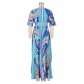 Dress Fashion Casual Positioning Print Butterfly Sleeve Ladies Swing Side Split Long Dress G0479