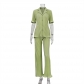 French Commuter Green Short Sleeve Shirt Casual Pleated High Waist Wide Leg Pants Set TZ10370T