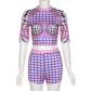 Summer round neck fashion plaid 3D printing tight-fitting hip-lifting shorts suit K22S15598