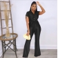 Women's Shirt Collar Breasted Wide Leg Jumpsuit Belted MN8513