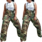Women's Casual Camo Print Wide Leg High Waist Trousers With Suspenders C3097